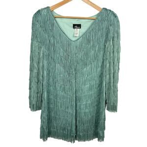 Vintage Nightworks Fringe Tunic Plus Size 18W Aqua Light Teal‎ Flapper Disco
